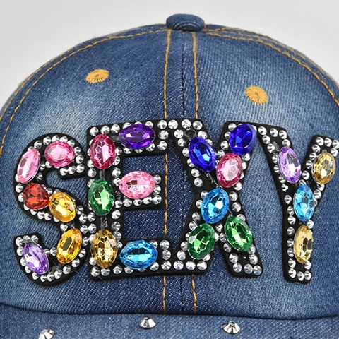 Women Denim Baseball Cap Luxurious Rhinestone Butterfly Letter Sexy Studded Cotton Sun Hat Adjustable Hip Hop Street Cap