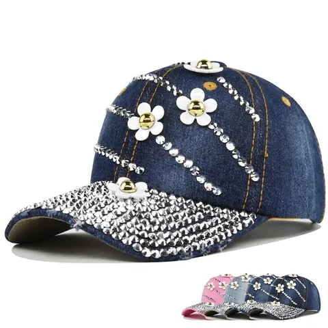 Gorra de Béisbol de Denim de Moda para Mujer Con Decoración de Strass y Flores 3D Sombrero de Sol de Algodón Ajustable