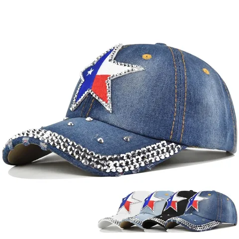 Casquette de Baseball en Coton Denim Étoile Strass Mode Cloutée Style Drapeau du Texas Chapeau de Soleil Réglable Femmes Hommes
