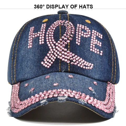Berretto da Baseball in Denim Vintage Donna con Strass Rosa Lettera HOPE Nastro Parasole Jeans Distressed Cappello Regolabile
