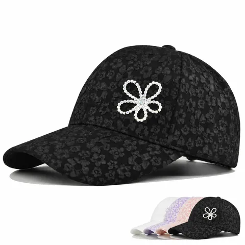 Casquette de Baseball en Coton pour Femmes avec Fleur en Strass Élégante Broderie de Dentelle Florale Chapeau de Soleil Ajustable pour l'été Extérieur Mode Femme