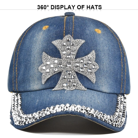 Rhinestone Cross Denim Baseball Cap For Women Men Washed Cotton Distressed Adjustable Hip Hop Streetwear Y2K Bling Sun Hat