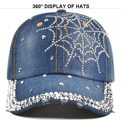 Vintage Denim Baseball Cap Rhinestone Spider Web Pattern Frayed Edge Rivet Cotton Sun Hat Streetwear Adjustable Unisex