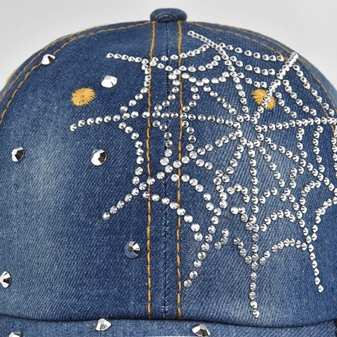Vintage Denim Baseball Cap Rhinestone Spider Web Pattern Frayed Edge Rivet Cotton Sun Hat Streetwear Adjustable Unisex