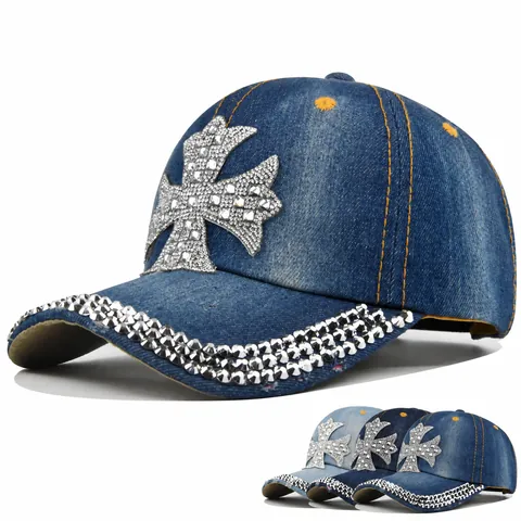 Rhinestone Cross Denim Baseball Cap For Women Men Washed Cotton Distressed Adjustable Hip Hop Streetwear Y2K Bling Sun Hat