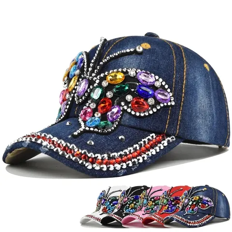 Butterfly Rhinestone Cotton Denim Baseball Cap For Women Colorful Crystal Sparkly Butterfly Hat Adjusted Fashion Sun Hat