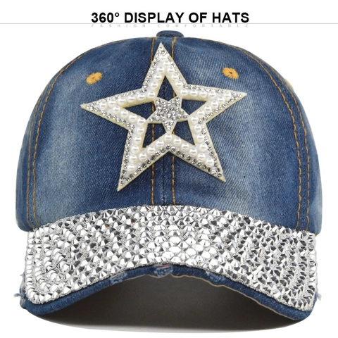 Berretto da Baseball in Denim da Donna Con Strass Stella Perla Artificial Intarsiata Regolabile Cappello in Denim Scintillante per Protezione Solare Accessori Moda Casual all'Aperto