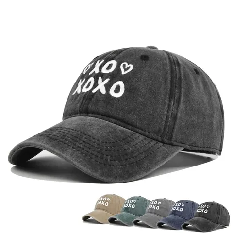 Gorra de Béisbol Vintage de Algodón Lavado Bordado XOXO Patrón de Corazón Sombrero Ajustable Distressed para Hombre Mujer