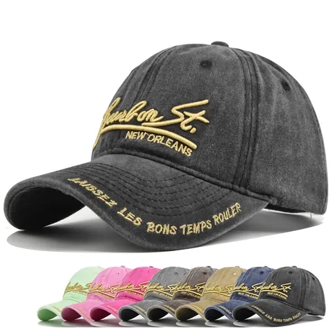 Berretto da Baseball in Cotone Lavato Vintage Ricamo 3D Bourbon St New Orleans Lettera Cappello Parasole Regolabile per Uomo Donna