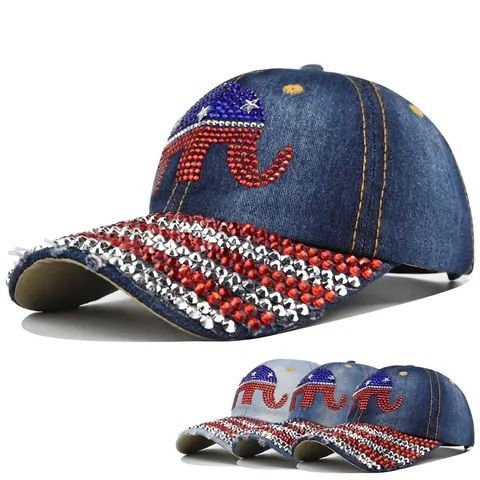 Washed Denim Rhinestone Elephant Baseball Cap American Flag Pattern Distressed Cotton Adjustable Hip Hop Sun Hat Unisex
