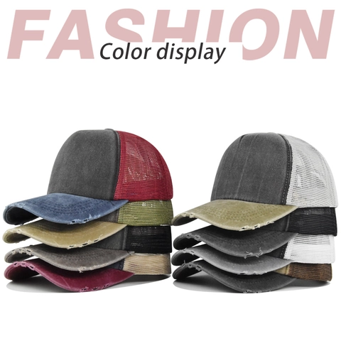 Cappellino Trucker Vintage in Cotone Lavato Con Rete Visiera Effetto Usato Patchwork Regolabile Traspirante Protezione Solare Unisex