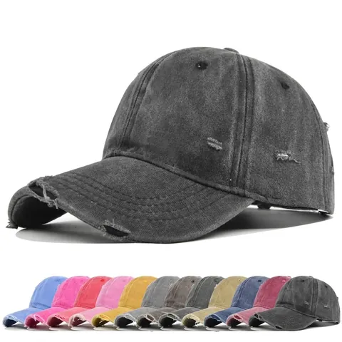 Gorra de Béisbol Lavada Vintage Desgastada para Hombre Mujer Ajustable Color Sólido Agujero Deshilachado Sombrero de Sol Algodón
