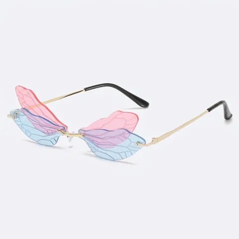 Occhiali da Sole Senza Montatura Ala di Libellula Montatura in Metallo Lenti PC Sfumate Occhiali alla Moda per Festa Donna UV400