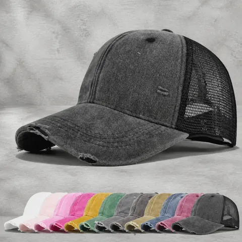 Distressed Washed Mesh Baseball Cap Retro Distressed Trucker Hat For Men Women Adjustable Cotton Breathable Outdoor Sun Hat Fashion Vintage Casual Sports Cap