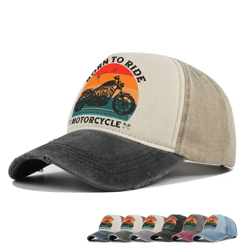 Casquette de Baseball Vintage en Coton Lavé Homme Chapeau Trucker Vieilli Imprimé Moto Born To Ride Ajustable Casquette de Soleil Extérieur