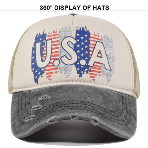 Vintage Distressed Καπέλο Μπέιζμπολ USA Σημαία Γράμματα Εκτύπωση Πλυμένο Βαμβάκι Ρυθμιζόμενο Trucker Hat για Άνδρες Γυναίκες
