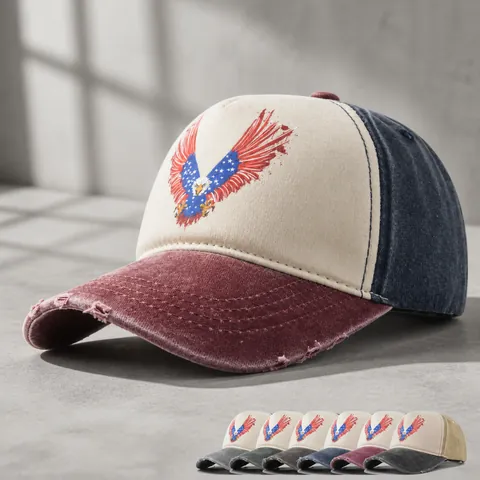 Vintage Washed Cotton Baseball Cap With Eagle American Flag Print Distressed Trucker Hat For Men Women Casual Outdoor Hat