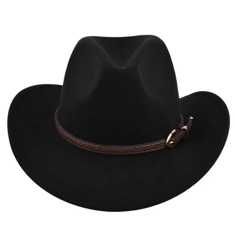 Vintage Westerse Cowboyhoed Voor Heren Dames Brede Rand Vilt Fedora Hoed Met Gevlochten Leren Band Metalen Gesp Retro Jazzhoed