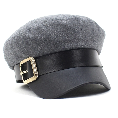 Vintage Schirmmütze Für Damen Winter Warm Wollstoff Kunstleder Krempe Matrosenmütze Mit Metallschnalle Flache Baker Boy Hut