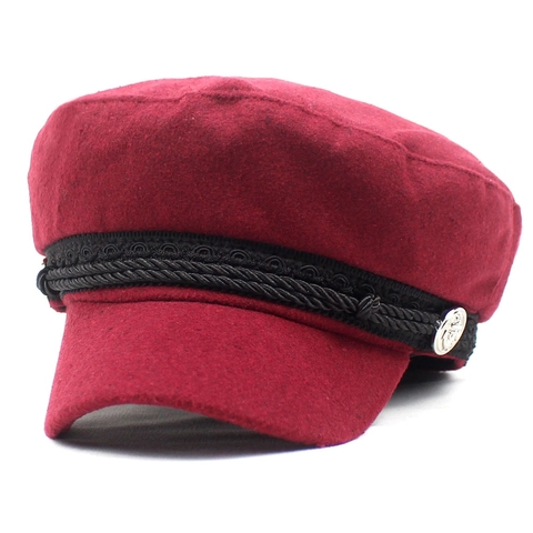 Dames Vintage Wollen Newsboy Pet Retro Marinepet Met Gevlochten Touw Met Metalen Knoop Warm Platte Bovenkant Winter Accessoire