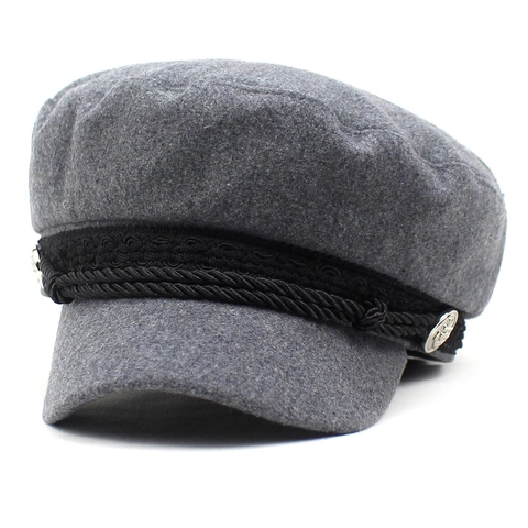 Dames Vintage Wollen Newsboy Pet Retro Marinepet Met Gevlochten Touw Met Metalen Knoop Warm Platte Bovenkant Winter Accessoire