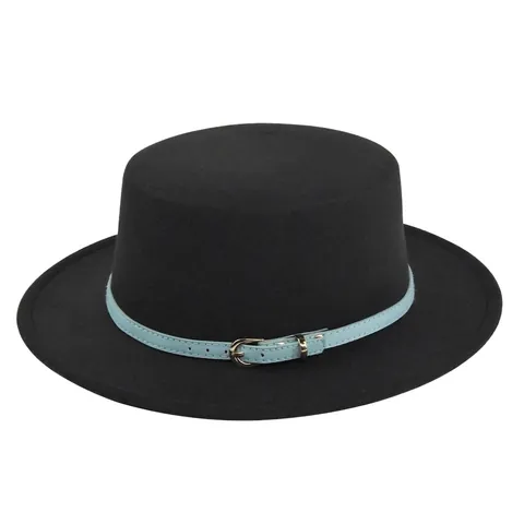 Vintage Flat Top Boater Hat Faux Wool Felt Fedora With Decorative Belt Gold Buckle Wide Brim Jazz Hat For Women Accessory