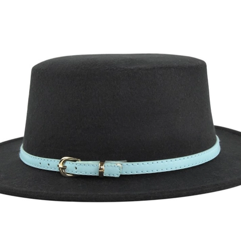 Vintage Flat Top Boater Hat Faux Wool Felt Fedora With Decorative Belt Gold Buckle Wide Brim Jazz Hat For Women Accessory