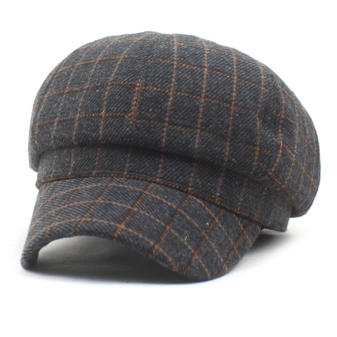 Béret Octogonal à Carreaux Rétro Britannique pour Femmes Vintage Newsboy Cap Automne Hiver Chaud Mélange de Laine Mode Casquette