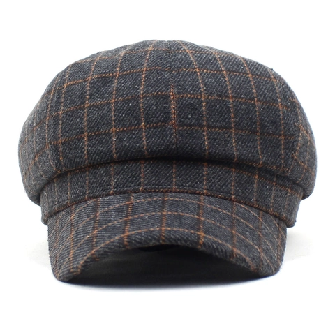 Béret Octogonal à Carreaux Rétro Britannique pour Femmes Vintage Newsboy Cap Automne Hiver Chaud Mélange de Laine Mode Casquette