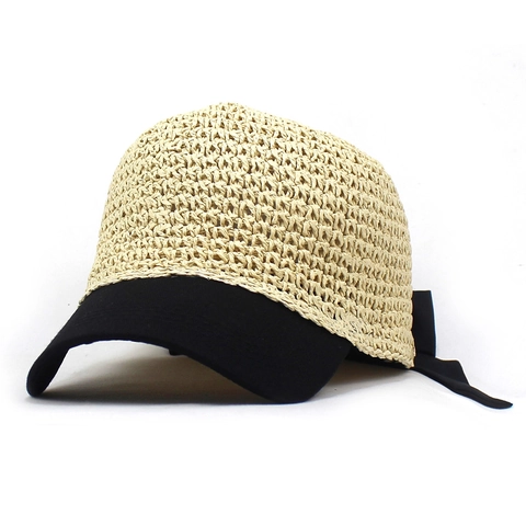 Berretto da Baseball in Paglia da Donna Con Grande Fiocco in Raso Protezione Solare Traspirante Cappello Intrecciato per Viaggio Spiaggia