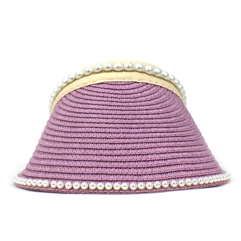 Women Summer Wide Brim Sun Visor Hat Elegant Artificial Pearl Decoration Straw Weave Breathable Beach Travel UV Protection Shade Hat