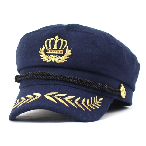 Vintage Britse Marinehoed Voor Dames Borduurwerk Kroon Tarwearen Platte Pet Mode Katoenmix Sailor Hat Geschenk