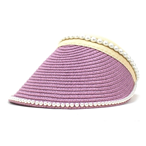 Women Summer Wide Brim Sun Visor Hat Elegant Artificial Pearl Decoration Straw Weave Breathable Beach Travel UV Protection Shade Hat