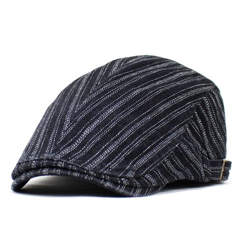 Béret Plat à Rayures en Denim de Coton Vintage Pour Hommes Femmes Chapeau Ivy Réglable Style Britannique Rétro Casquette Newsboy