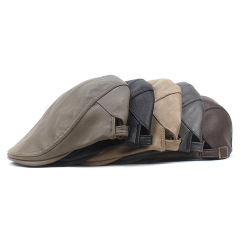 Gorra Plana Vintage de Cuero PU para Hombre Sombrero Newsboy Mujer Hebilla de Metal Ajustable Color Sólido Retro Estilo Británico