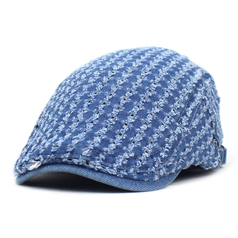 Gorra Plana Vintage de Denim Envejecido para Hombre Mujer Ajustable de Algodón Roto Boina Transpirable con Patrón de Rejilla