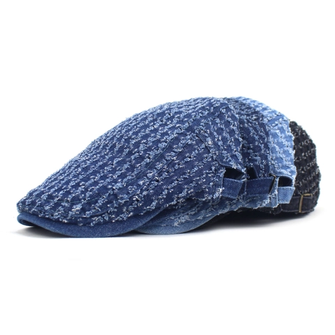 Gorra Plana Vintage de Denim Envejecido para Hombre Mujer Ajustable de Algodón Roto Boina Transpirable con Patrón de Rejilla