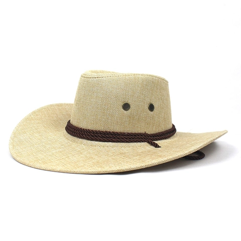 Herren Vintage Western Cowboyhut Leinenoptik Breite Krempe Sonnenschutz Fedora Atmungsaktiv Outdoor Sommer Reise Strand Jazz Hut