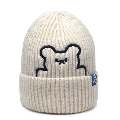 Cute Bear Embroidery Knitted Beanie Hat For Women Winter Warm Rolled Edge Soft Sheep Cashmere Blend Skull Cap