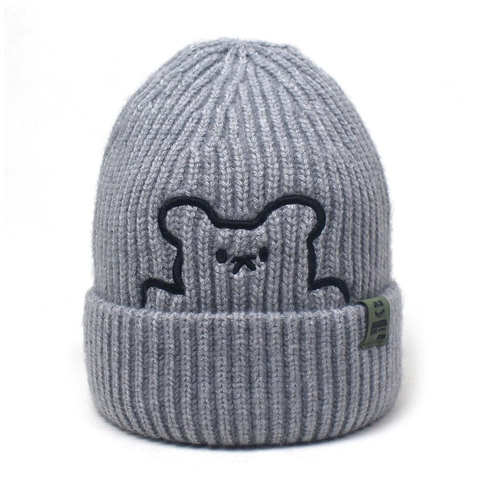 Cute Bear Embroidery Knitted Beanie Hat For Women Winter Warm Rolled Edge Soft Sheep Cashmere Blend Skull Cap