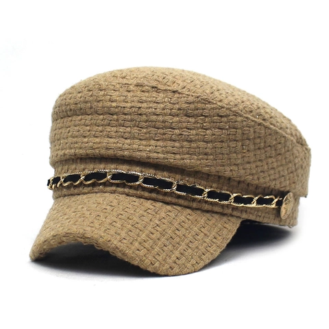Women's Fashion Tweed Naval Hat With Gold Chain Metal Button Flat Top Newsboy Cap Warm Winter Baker Boy Hat For Casual Daily