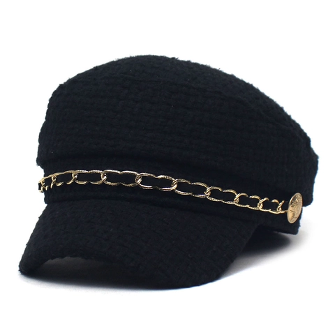 Women's Fashion Tweed Naval Hat With Gold Chain Metal Button Flat Top Newsboy Cap Warm Winter Baker Boy Hat For Casual Daily