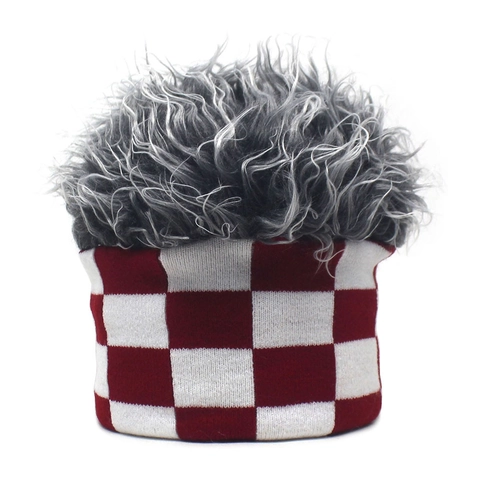 Berretto in Maglia Con Parrucca Creativa Motivo a Scacchiera Cappello Divertente Invernale Caldo Per Festa Donna Uomo