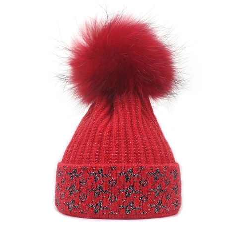 Damen Winter Strickmütze Mit Großem Fellbommel Glitzerndem Silberfaden Sternenmuster Rollrand Acryl套头帽