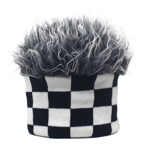 Berretto in Maglia Con Parrucca Creativa Motivo a Scacchiera Cappello Divertente Invernale Caldo Per Festa Donna Uomo
