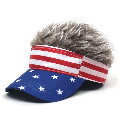 Divertente Berretto da Baseball con Parrucca Bandiera USA Stelle e Strisce in Poliestere Cappello Parasole con Capelli Sintetici
