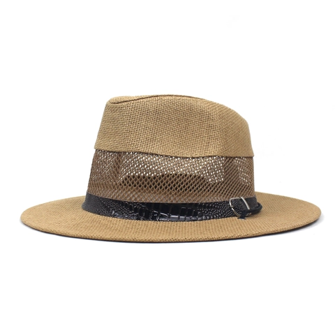 Heren Brede Rand Stro Fedora Hoed Mesh Ademend Zonnescherm Zomer Strandhoed Met Riem Decoratie Voor Outdoor Vakantie