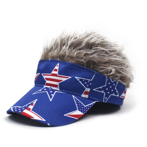 Lustiger Neuheit Perücke Visierhut Mit Künstlichem Haar Stars And Stripes Muster Baumwolle Baseballkappe Für Party Halloween Cosplay