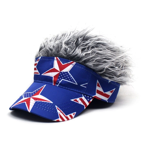 Lustiger Neuheit Perücke Visierhut Mit Künstlichem Haar Stars And Stripes Muster Baumwolle Baseballkappe Für Party Halloween Cosplay