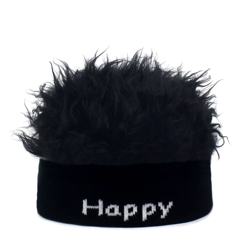 Divertente Cappello Beanie a Maglia con Parrucca Ricamo Lettera Happy Creativo Novità Personalità Termico Inverno Caldo Festa Capelli Berretto per Adulti